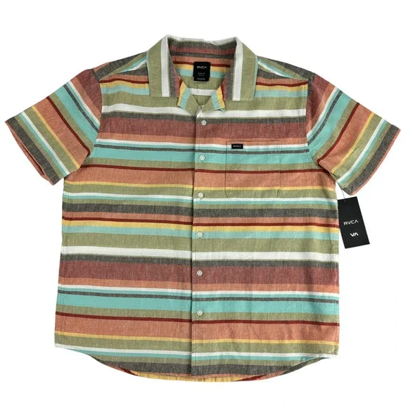 RVCA Riviera Boys Button Up Shirt Sz M Short Sleeve Pocket Striped Logo Colorful - Picture 1 of 13